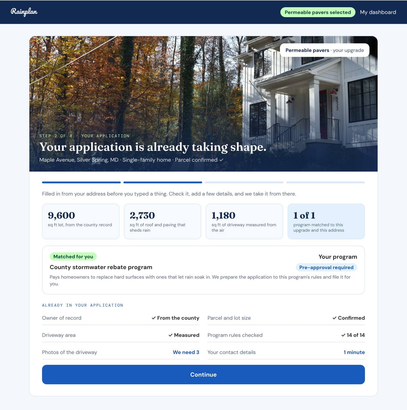 Application page in the Rainplan app showing property figures and the lot outline
