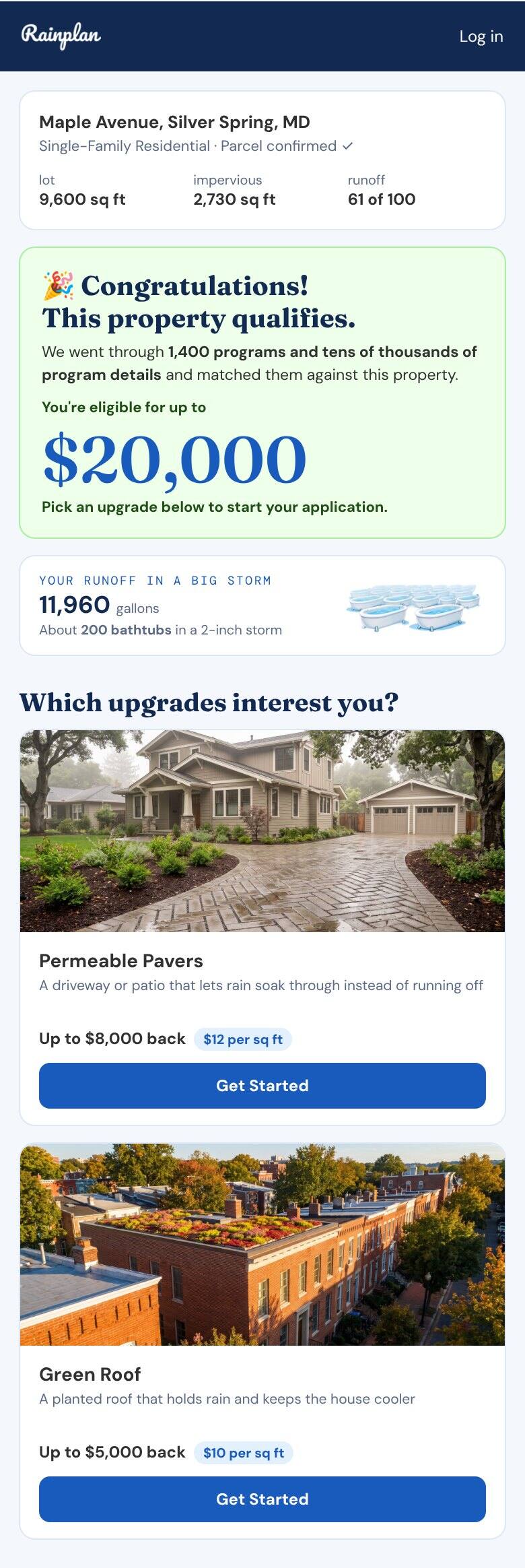 Rainplan results on a phone: this property qualifies for up to $20,000