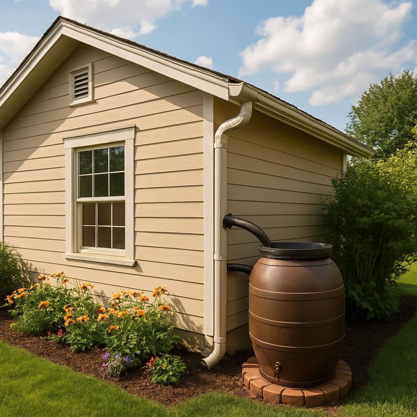 Rain barrel beside a downspout