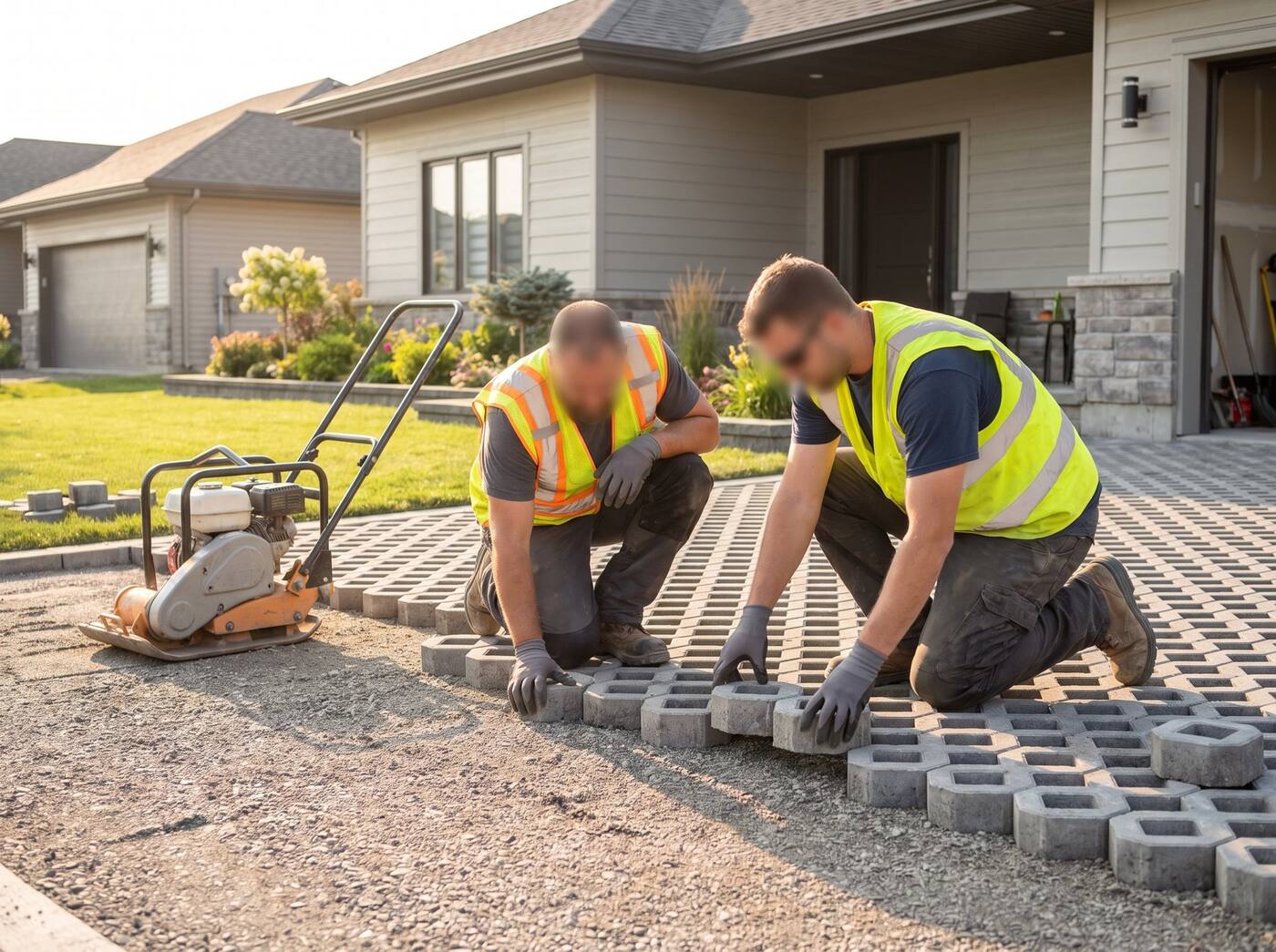 Crew laying permeable pavers