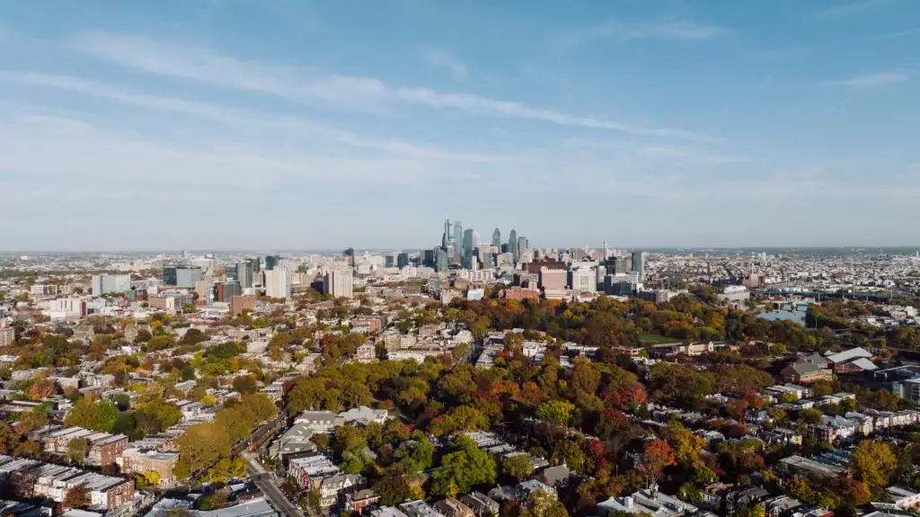Philadelphia skyline and tree canopy