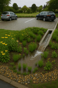 stormwater drainage in city running into rain garden