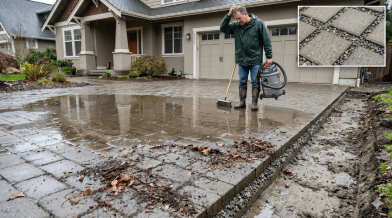 Permeable paver driveway with clogged joints and standing rainwater while a homeowner inspects puddles and plans maintenance
