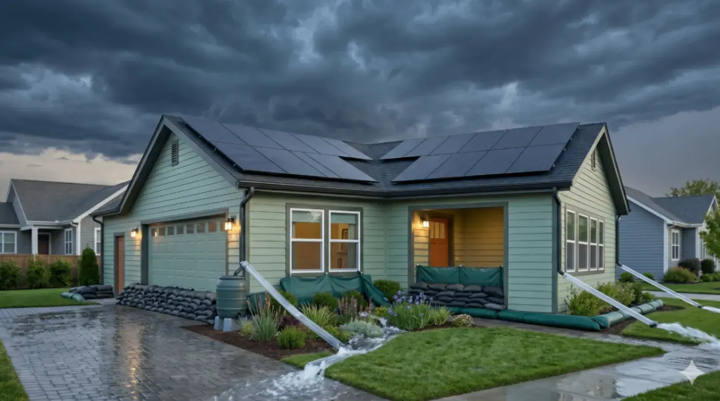 A house with solar panels on the roof is surrounded by sandbags and covered with tarps. Large drainpipes divert water away, showcasing effective flood prevention techniques as dark storm clouds loom overhead.