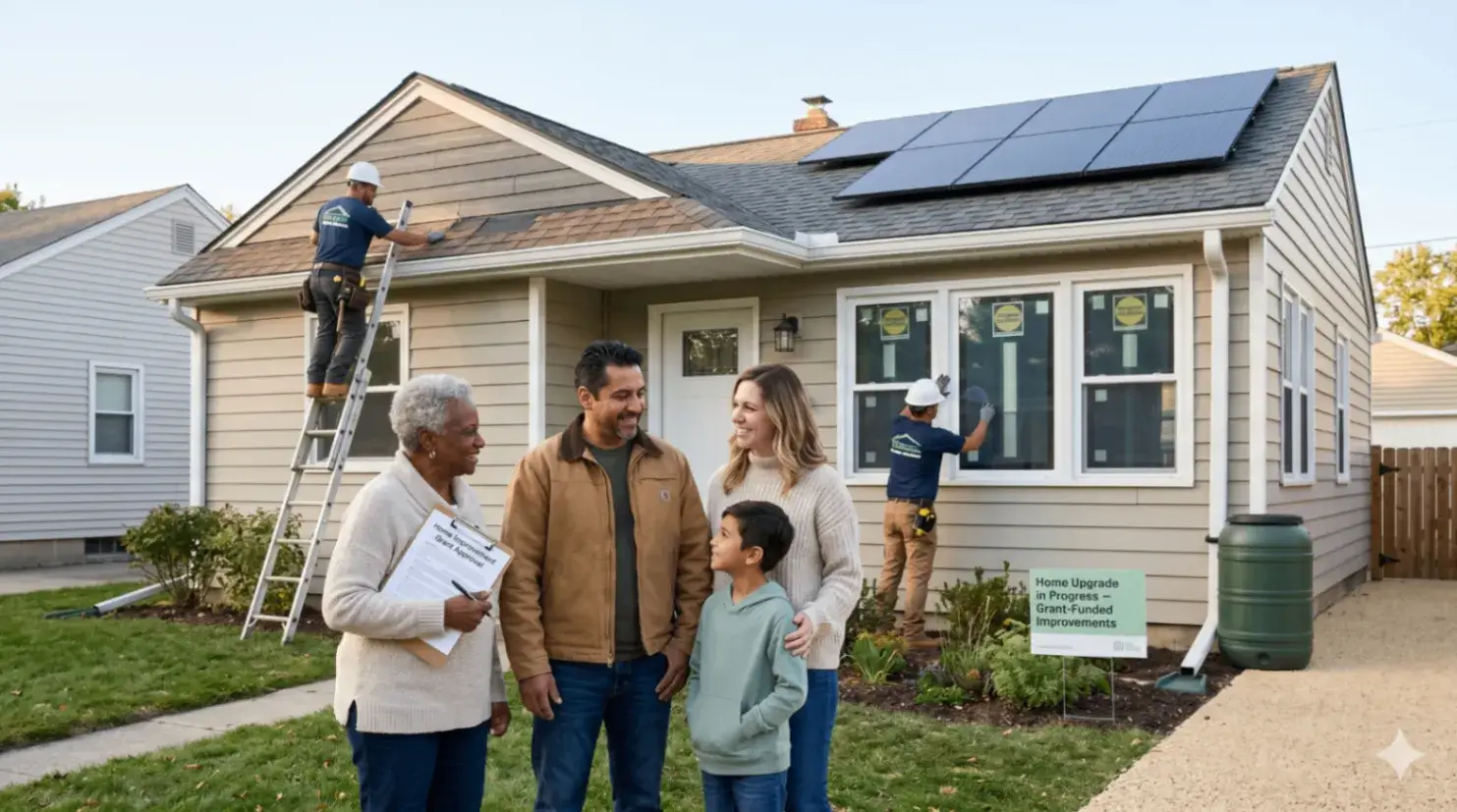 Four people stand smiling in front of a house as two workers install solar panels on the roof. A sign about energy upgrades and a stormwater management plan suggests the group is discussing sustainable home improvements.