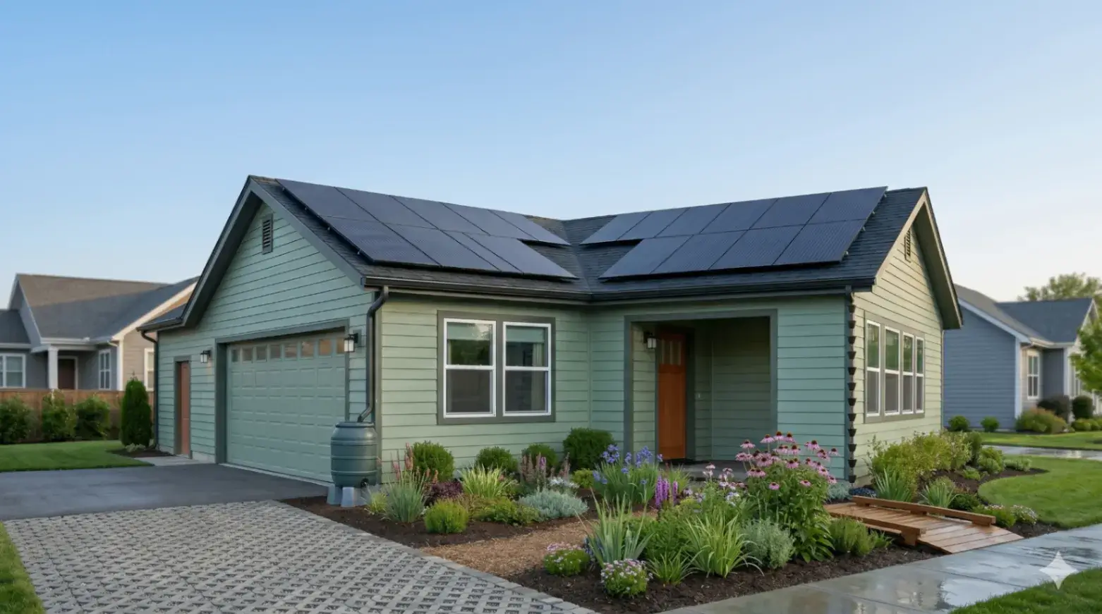 A single-story green house with solar panels on the roof, featuring green infrastructure in its landscaped front yard with flowers and shrubs, and a driveway with a patterned surface on a clear day.