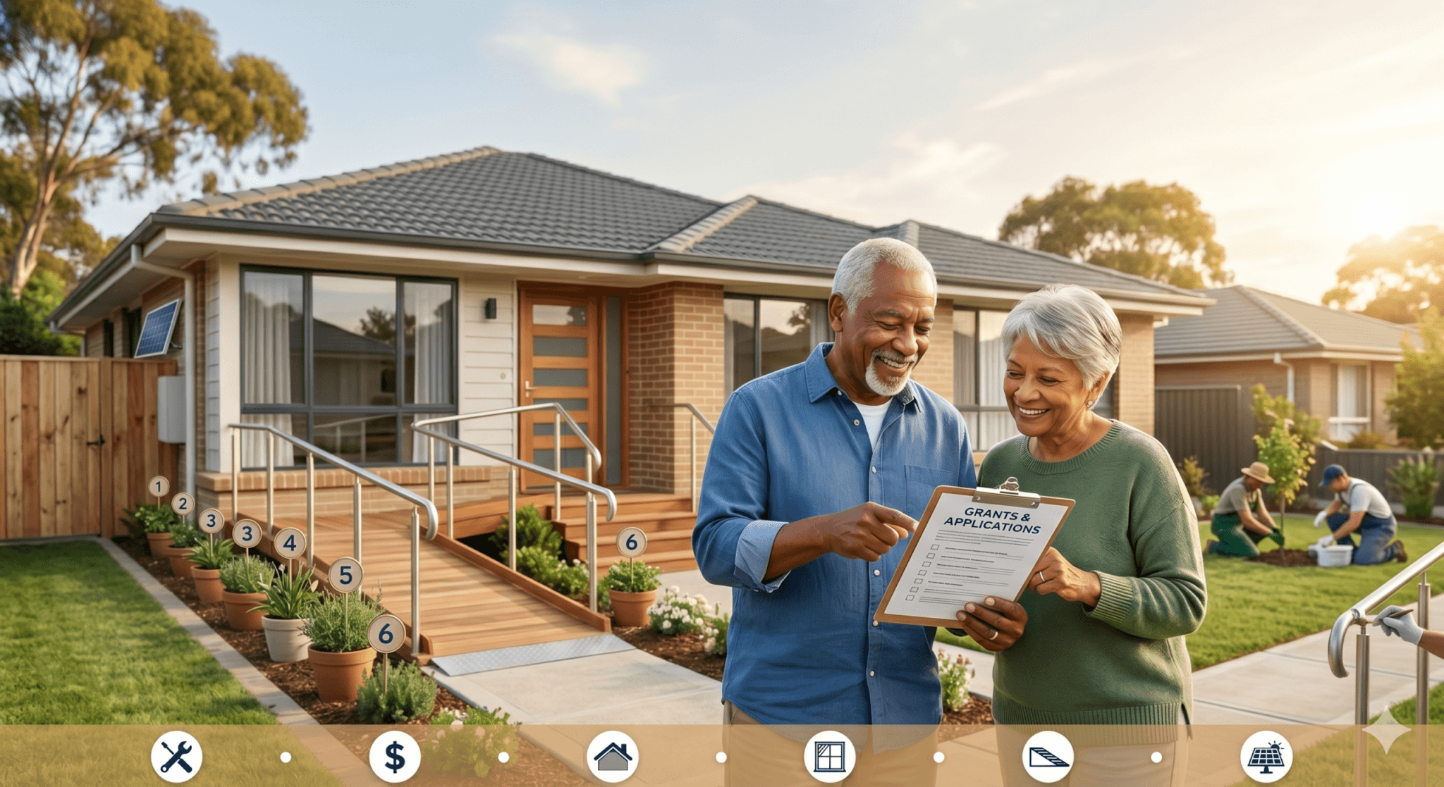 6 Home Improvement Grants for Seniors A photorealistic wide-angle image of a smiling elderly couple looking at a document on a clipboard that has the words 'GRANTS & APPLICATIONS' and 'Programs and How To Apply' visible. The background is a modern suburban home that has had modifications made for accessible living. These include a prominent wooden wheelchair ramp, and railings along all stairs. The image is set against a sunset, creating a warm, golden lighting. A series of six white icons at the bottom illustrate various home improvements, such as a hammer and screwdriver, a dollar sign, a house with a heart, and a window.