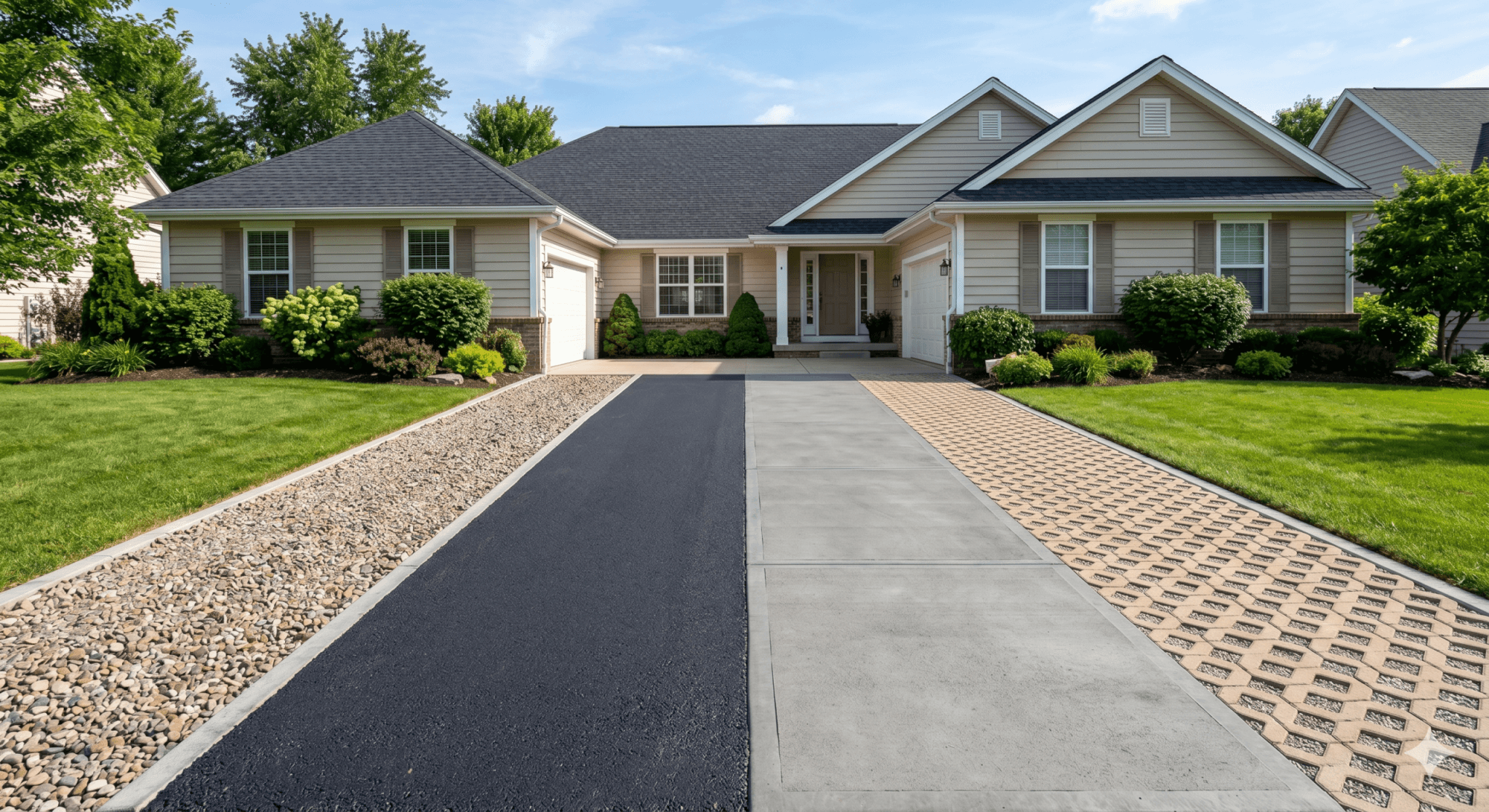 Asphalt, Concrete, vs Permeable Pavement An editorial-style comparison photograph of four driveway material samples installed side by side in front of a suburban home. From left to right, the sections feature rough natural gravel, dark asphalt, smooth grey poured concrete, and light tan permeable interlocking pavers with open lattice-style joints. Each section is cleanly delineated, highlighting the different textures and colors under bright, clear daylight with a well-manicured lawn and house in the background.