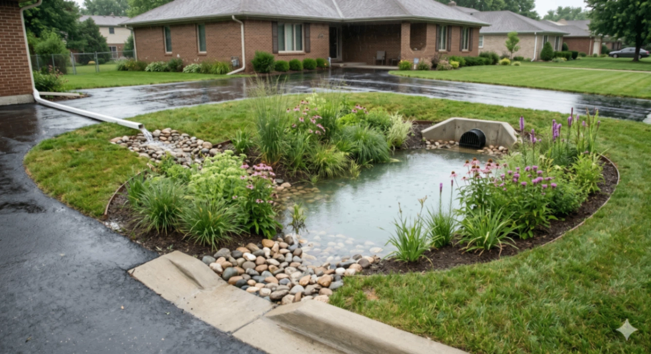 Residential bioretention cell with native plants capturing and filtering stormwater from a roof and driveway
