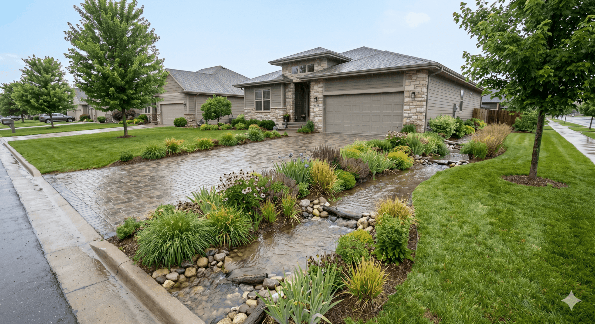 Bioswale (1) Residential driveway with a planted bioswale capturing and filtering rainwater along the property edge