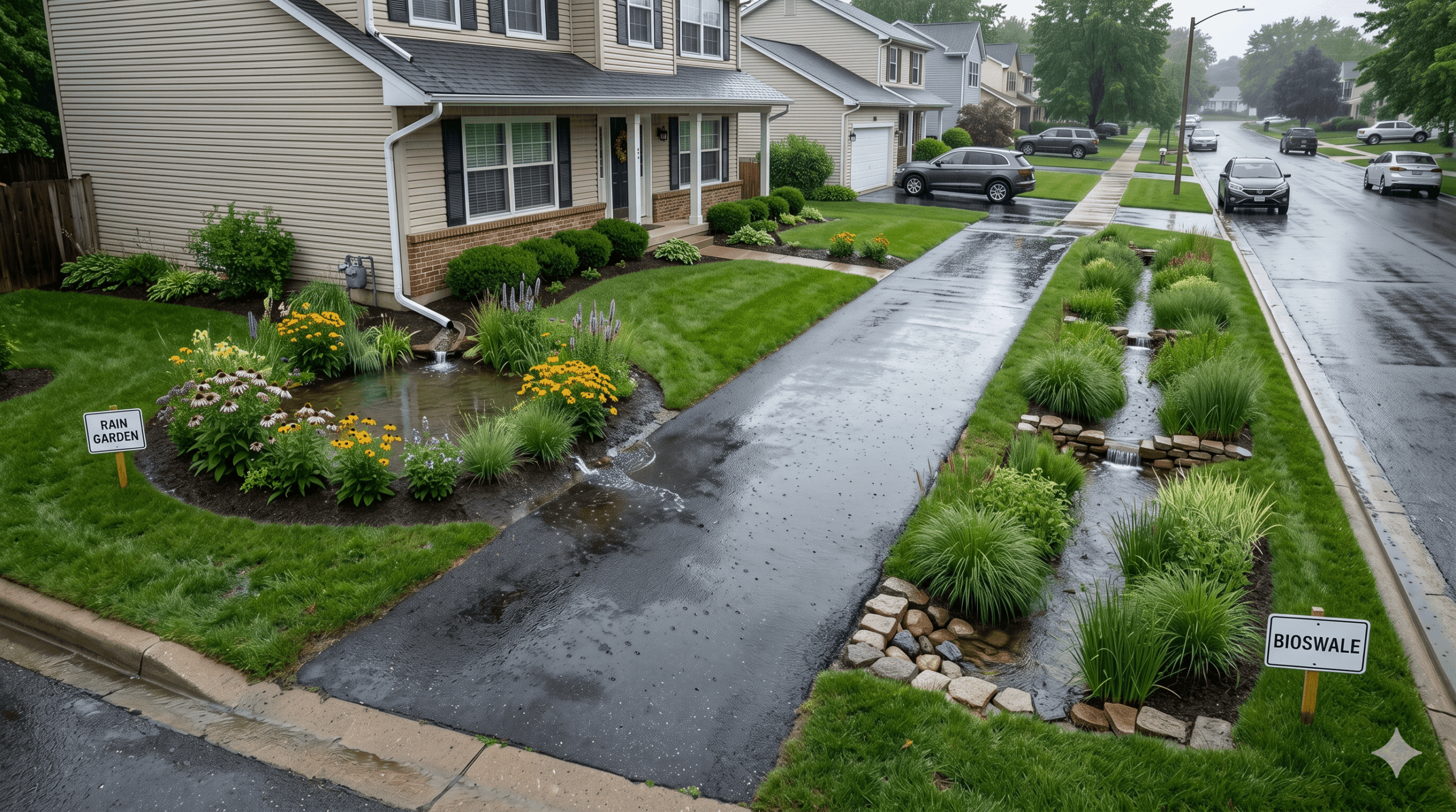 Residential yard showing a bowl-shaped rain garden near the house and a planted bioswale along the driveway managing stormwater after rain