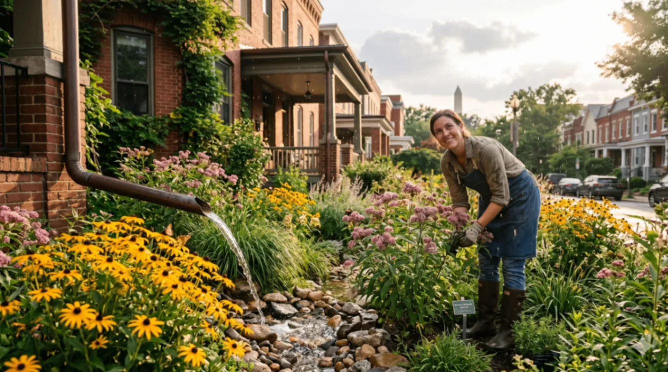 A woman wearing boots and gloves tends to a lush rain water garden filled with colorful flowers and a small rocky stream, in front of a row of brick houses on a sunny day.