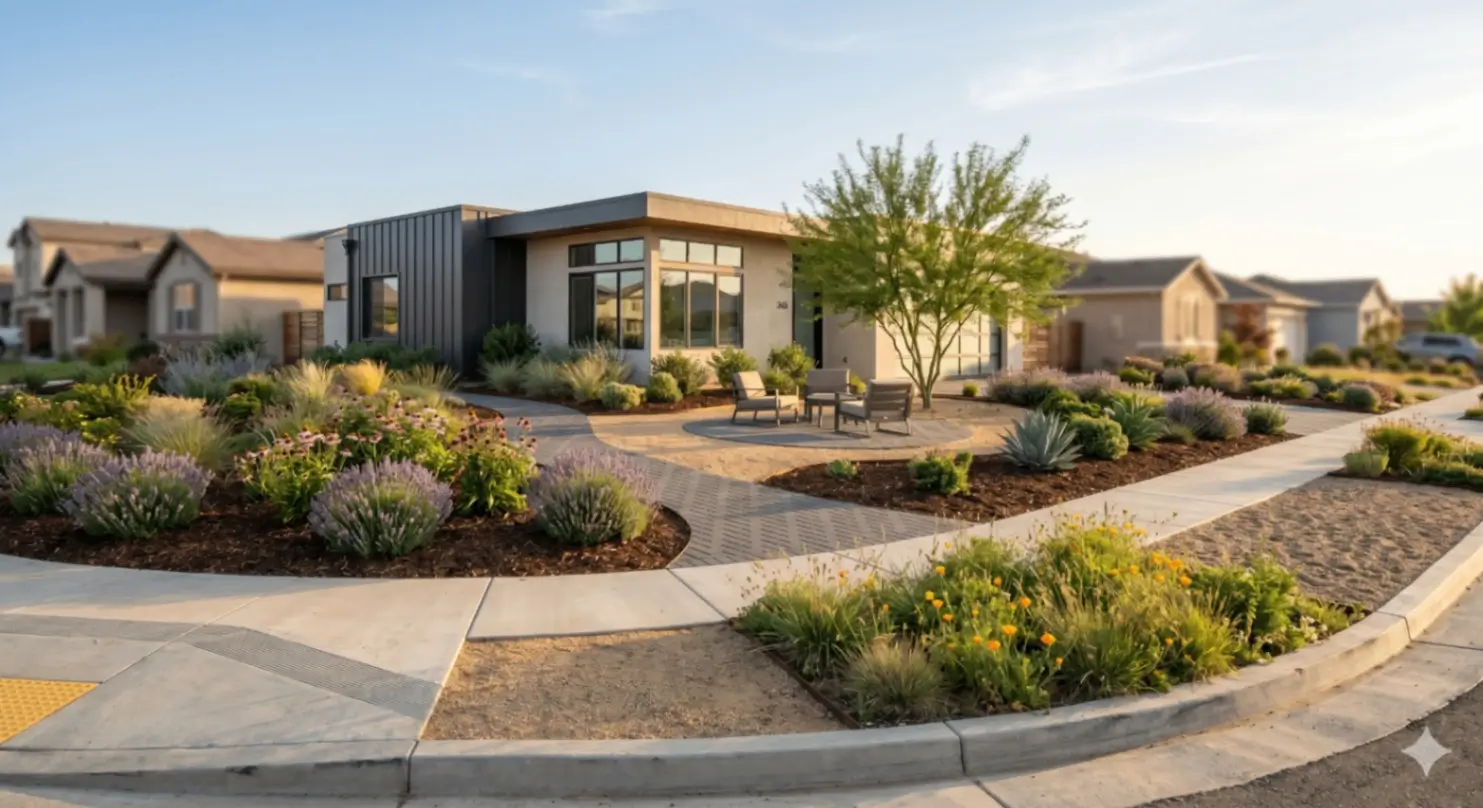 Drought Resistant Landscaping Ideas-compressed_Webpifier Front yard with drought resistant landscaping, native plants, and permeable paths replacing a traditional lawn