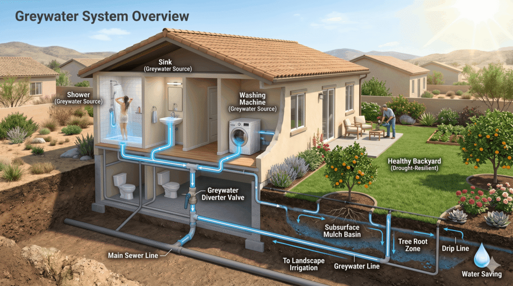 Cutaway view of a home greywater system sending shower, sink, and laundry water to subsurface <a href=