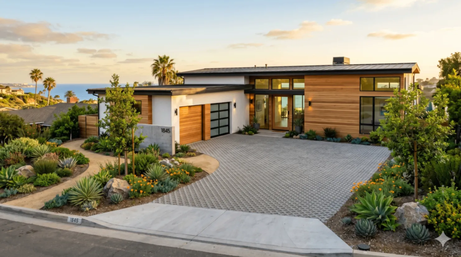 Front driveway showing side‑by‑side asphalt, concrete, and permeable paver sections to compare cost and stormwater performance