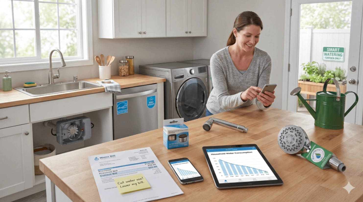 How to Lower Water Bill-compressed_Webpifier Homeowner reviewing a high water bill in a bright kitchen while checking a water usage app and planning upgrades to efficient fixtures and appliances