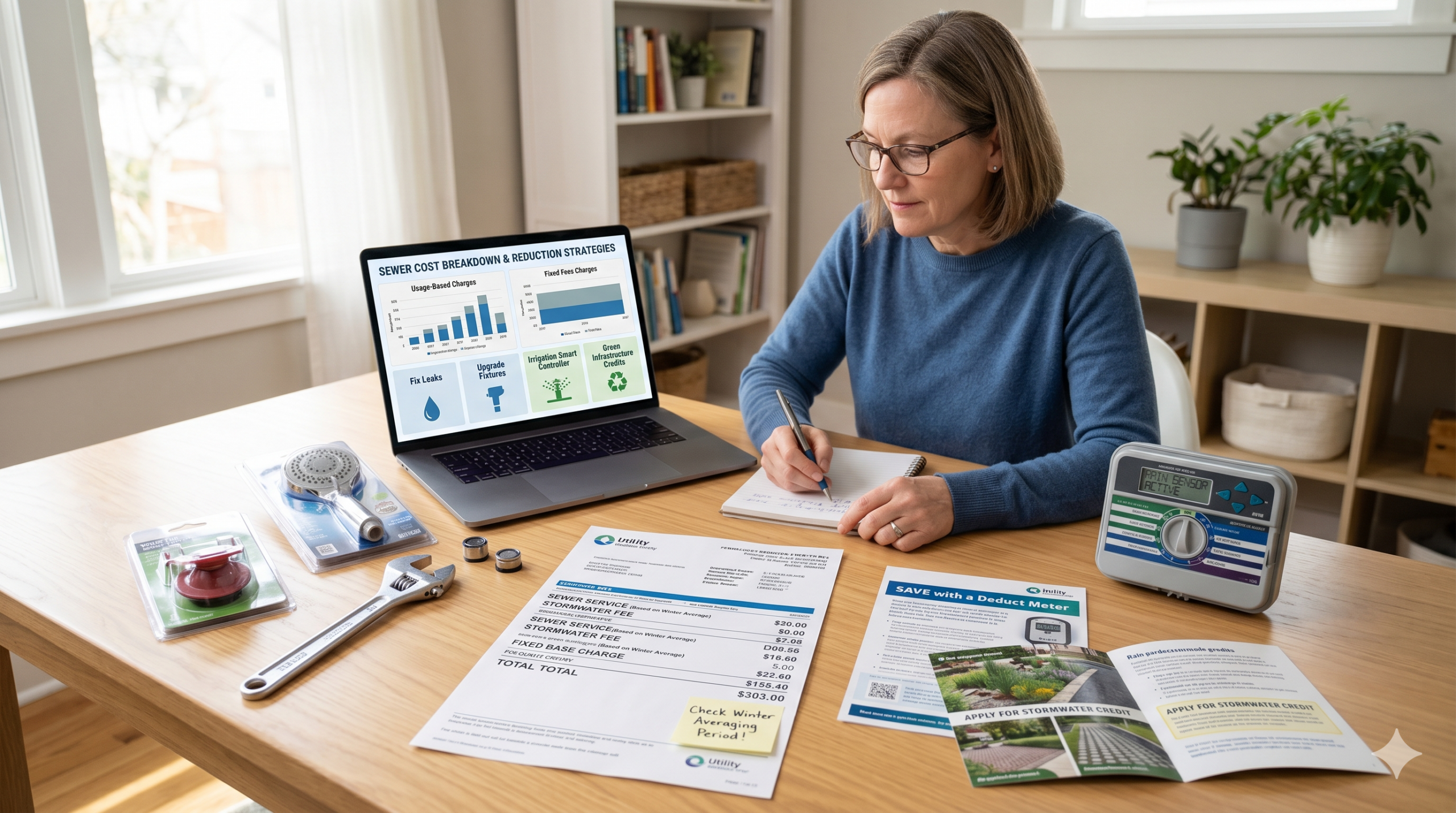 Homeowner reviewing a detailed sewer bill at the kitchen table with a laptop showing usage, leaks, irrigation, and stormwater fee reduction options