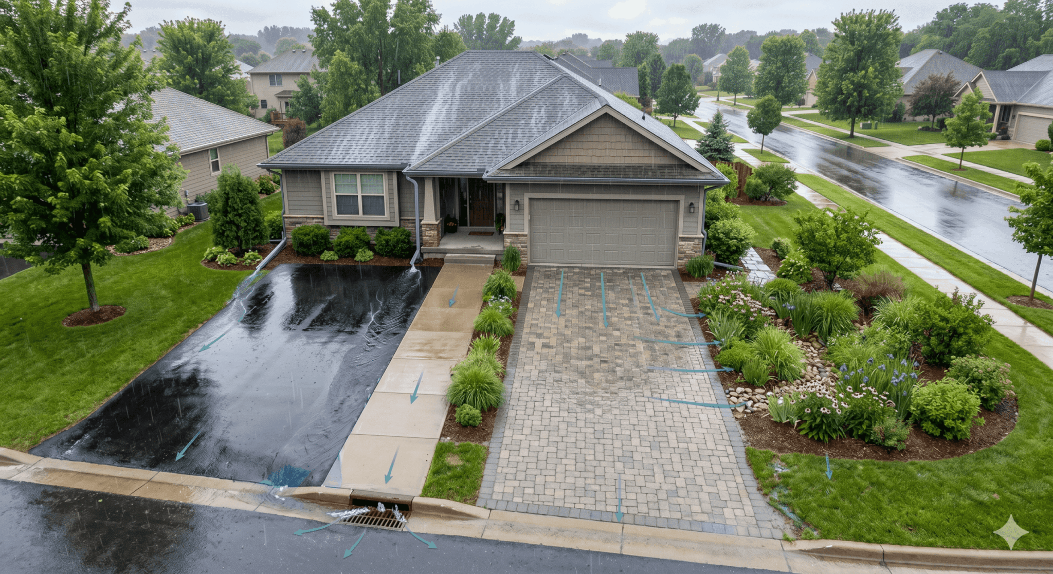 Impervious Surface Aerial view of a suburban home in the rain showing water running off a concrete driveway and roof toward the street, while a rain garden and permeable paver driveway on the other side allow rainfall to soak into the ground.