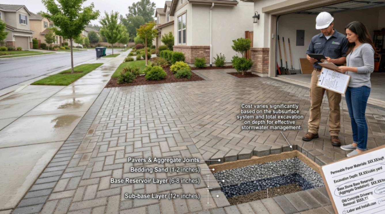 Homeowner reviewing a detailed quote beside a new permeable paver driveway with a visible stone base cross-section showing what drives installation cost