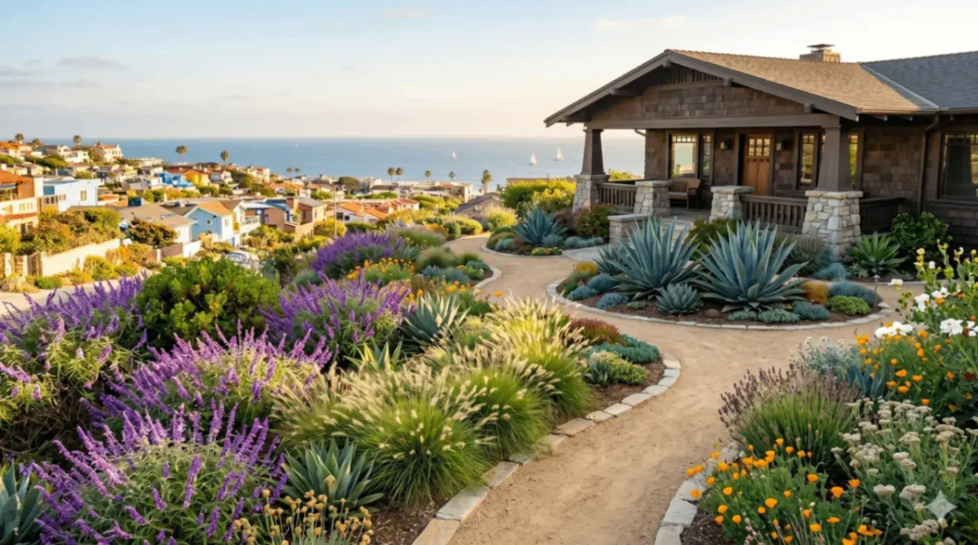 A coastal home with a lush, colorful rain garden design and winding path overlooks the ocean. Sailboats are visible on the water, and nearby houses dot the scenic, sunny hillside.