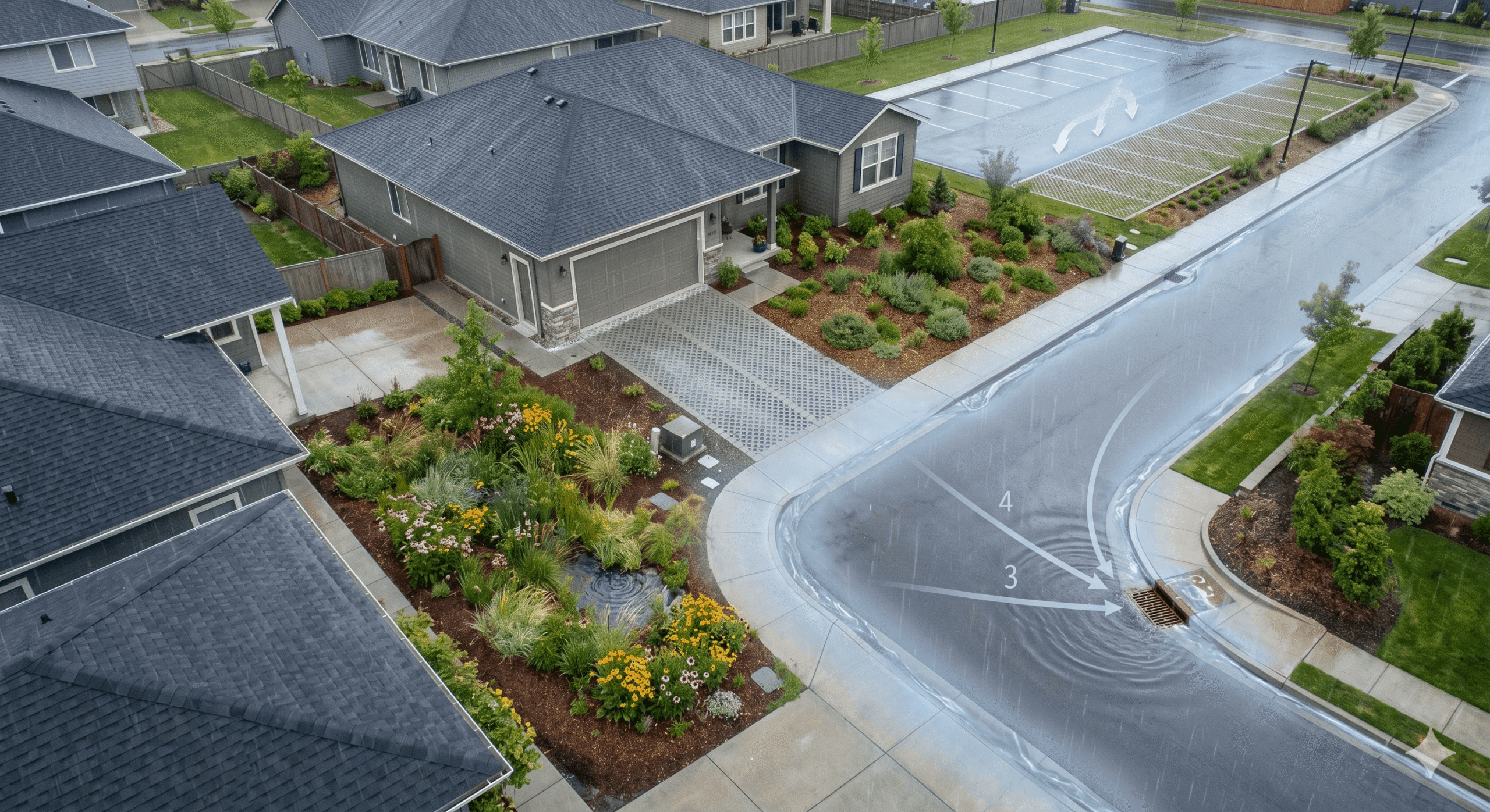 Neighborhood roofs and driveways shedding rainwater toward storm drains, with nearby rain gardens and permeable pavement reducing runoff and stormwater fees