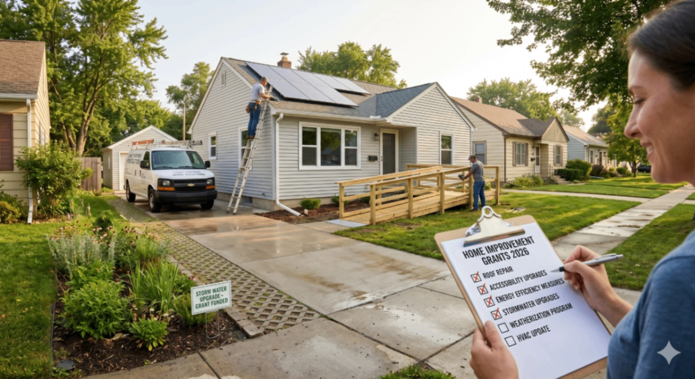 Single-family home with contractors making repairs, accessibility upgrades, and green improvements funded by home improvement grants