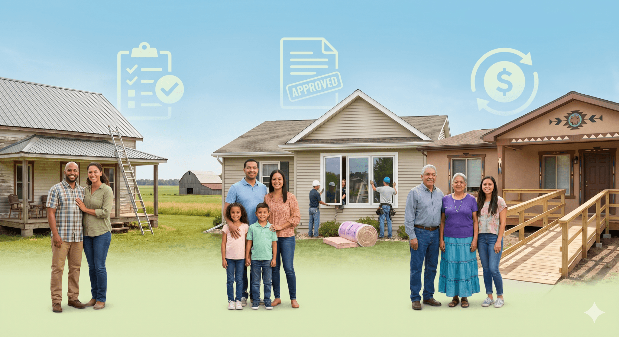 Illustration of diverse homeowners in front of different houses showing roof repairs, energy upgrades, and accessibility improvements, representing how various home improvement grants help rural, suburban, veteran, and Native American households fund critical home projects.