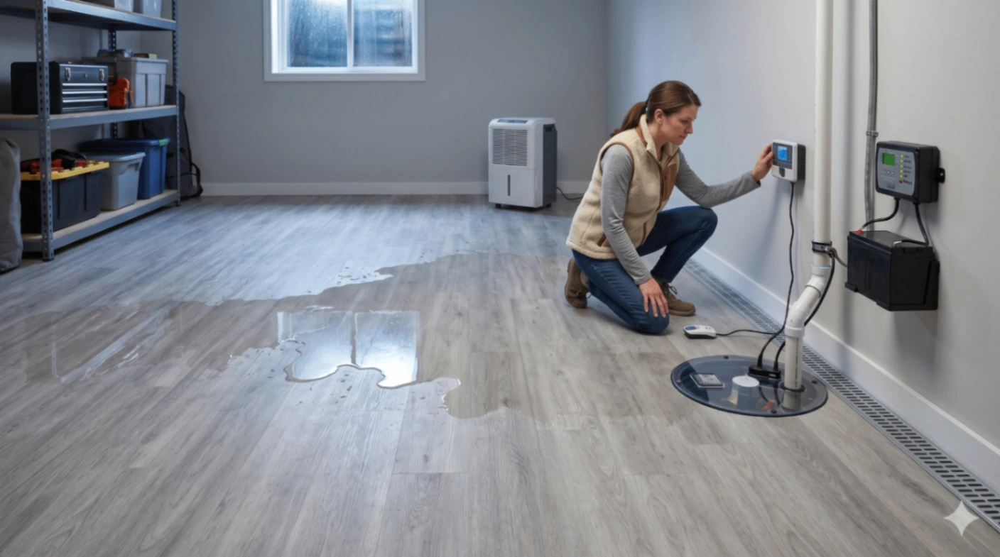 Why is My Basement Flooding-compressed_Webpifier Homeowner inspecting a sump pump and interior French drain as shallow water collects on a basement floor during a heavy rain