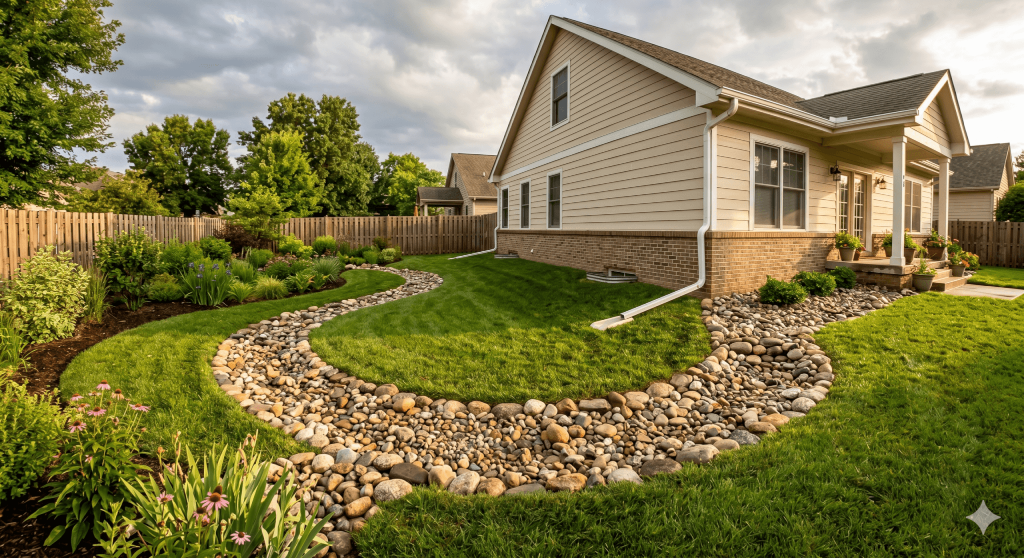 A photorealistic wide-angle photograph of a residential backyard transformation, where a dry creek bed made of rounded river stones winds through a lush green lawn toward a planted rain garden. A downspout extension is visible along the side of the house, indicating subtle grading to route water away from the foundation. The scene is illuminated by bright sunlight breaking through dramatic post-storm clouds, showing no standing water.